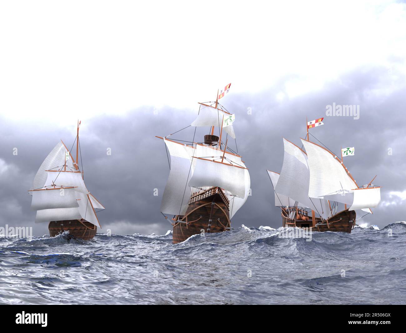 Santa Maria Pinta und Nina eine Flotte von Christopher Columbus eine Vorderansicht vom Wasser auf See 3D gerenderte Bilder in hoher Qualität in HDR Stockfoto