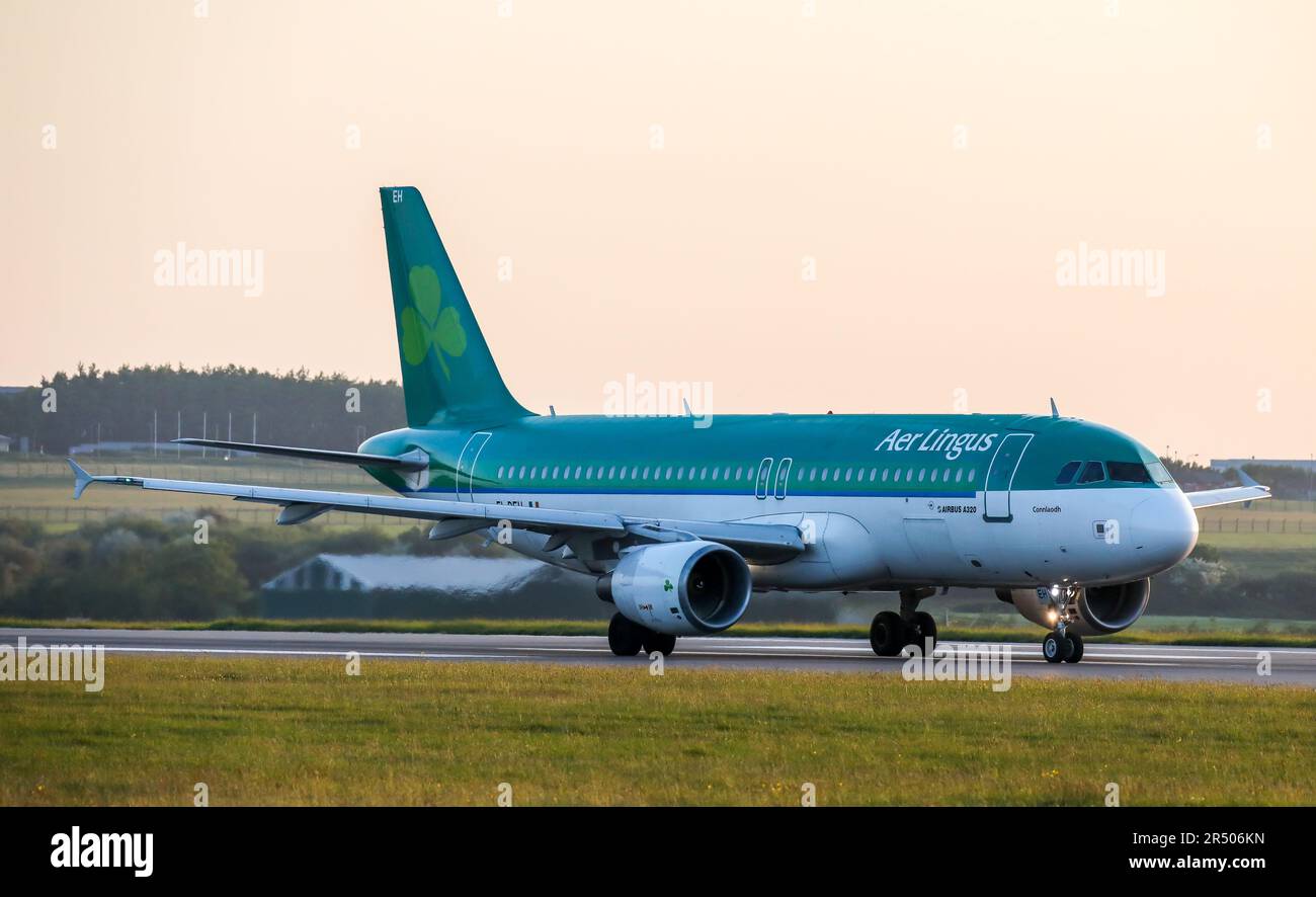 Flughafen Cork. Cork, Irland. 31. Mai 2023. Ein Aer Lingus Airbus A320 auf der Landebahn, der sich auf den Start eines frühen Morgenflugs nach Amsterdam vom Flughafen Cork, Cork, Irland, vorbereitet. David Creedon/Alamy Live News Stockfoto