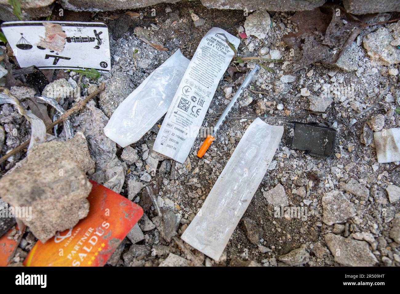 Chirana-Insulinspritze, zur Injektion intravenöser Medikamente, in Tuuregon 1a im Bezirk Sadama in Tallinn, Estland Stockfoto