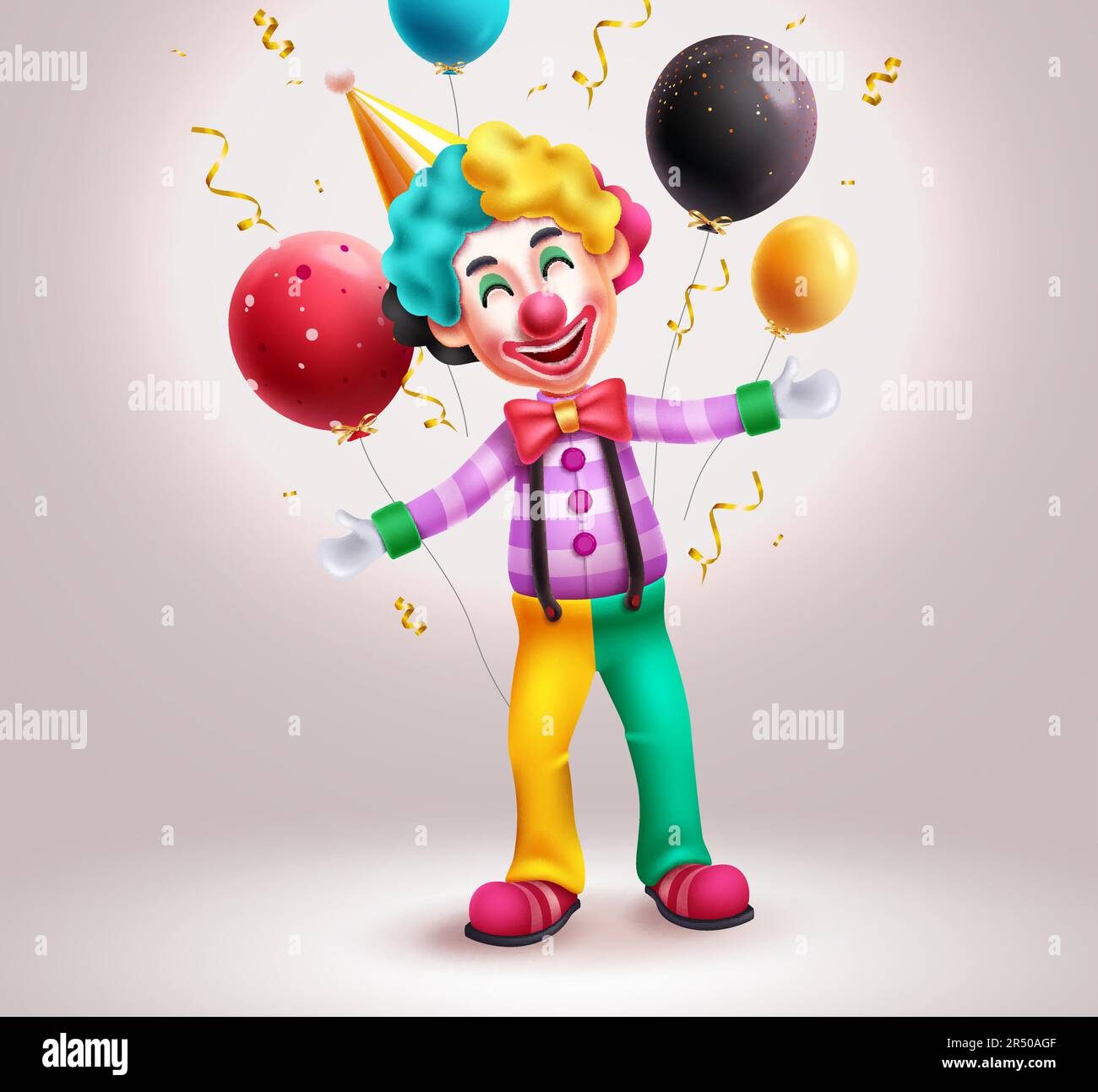 Geburtstags-Clown-Figuren-Vektordesign. Der Clown steht und trägt eine bunte Perücke und Hose mit Ballonelementen. Vektordarstellung Stock Vektor