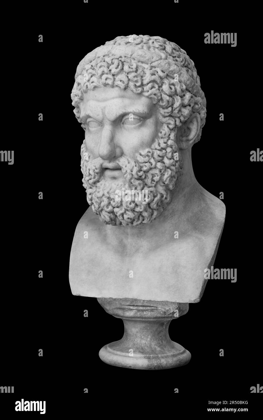 Antike Statue Herakles Kopf Einzelfoto mit Clipping Path. Gipsskulptur Männergesicht Stockfoto