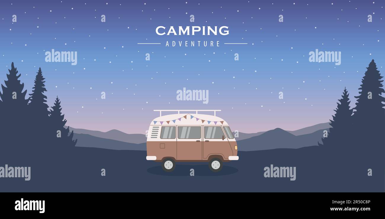 Wanderlust Camping-Abenteuer in der Wildnis mit Wohnmobil Stock Vektor