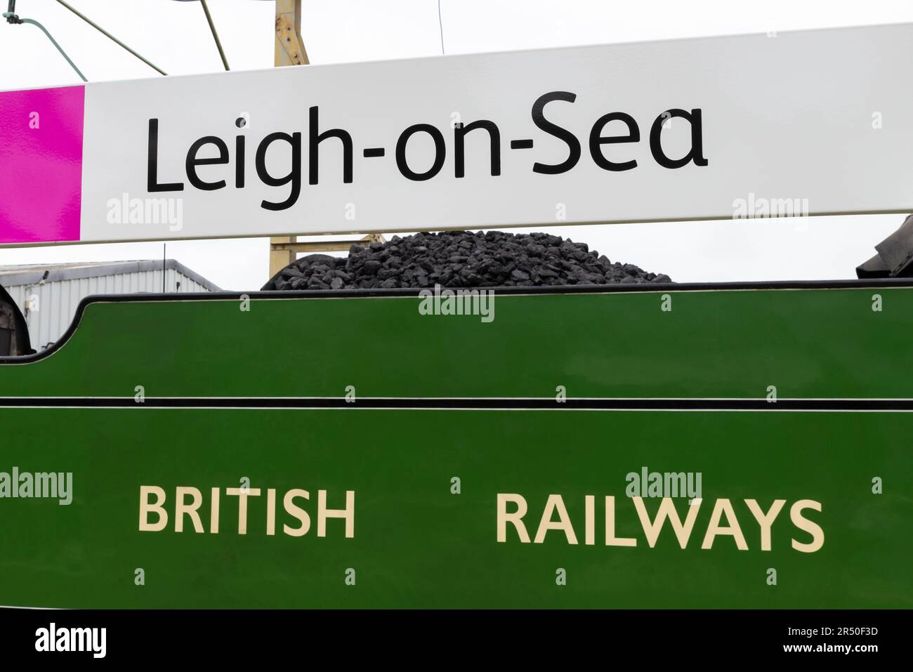 Leigh on Sea, Essex, Großbritannien. 31. Mai 2023. Eine spezielle Dampfeisenbahn fährt von Shoeburyness in Essex zum Hafen von Portsmouth, um seinen Passagieren die Möglichkeit zu geben, die historische Hafenstadt zu besuchen. Der Zug wird von Steam Dreams betrieben und von LNER Thompson Class B1 Nummer 61306 mit dem Namen Mayflower gezogen, der in einer Apple Green Lackierung glänzt. Die 1948 gebaute Lokomotive ist hier am Bahnhof Leigh on Sea zu sehen Stockfoto