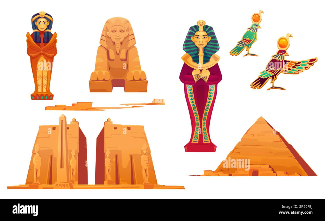 Ägyptische Wahrzeichen und Gottheiten. Alte ägyptische Pyramide, Sphinx, pharao-Sarkophag, weltberühmter Obelisk im Tempel von Karnak, gott Ra. Architektur der Touristenattraktion, Cartoon-Vektordarstellung Stock Vektor