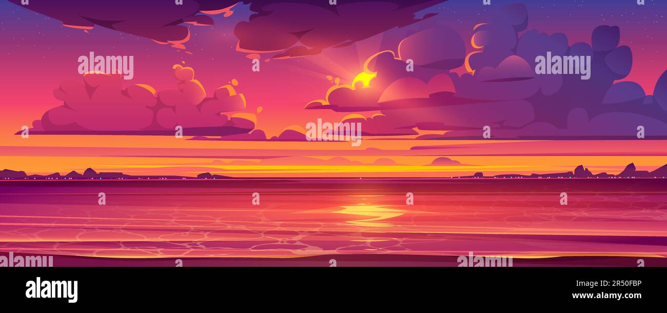 Sonnenuntergang über dem Meer. Tropische Landschaft des Ozeans mit Himmel, Wolken und Wasser im roten Licht der Abendsonne. Vector-Cartoon-Sommerlandschaft mit Lichtern in der Stadt und Silhouette an der Küste am Horizont Stock Vektor