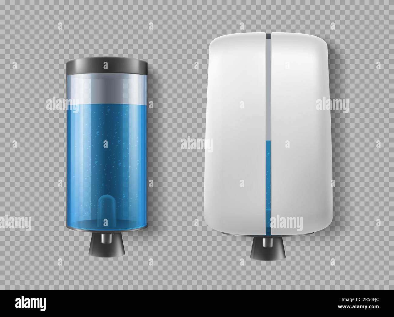 Wandspender für antibakterielle Seife und flüssiges Antiseptikum. Pumpe und automatische Schäumbehälter für Bad- oder Toilettenräume isoliert auf transparentem Hintergrund, realistische 3D-Vektorsymbole, Clip Art Stock Vektor