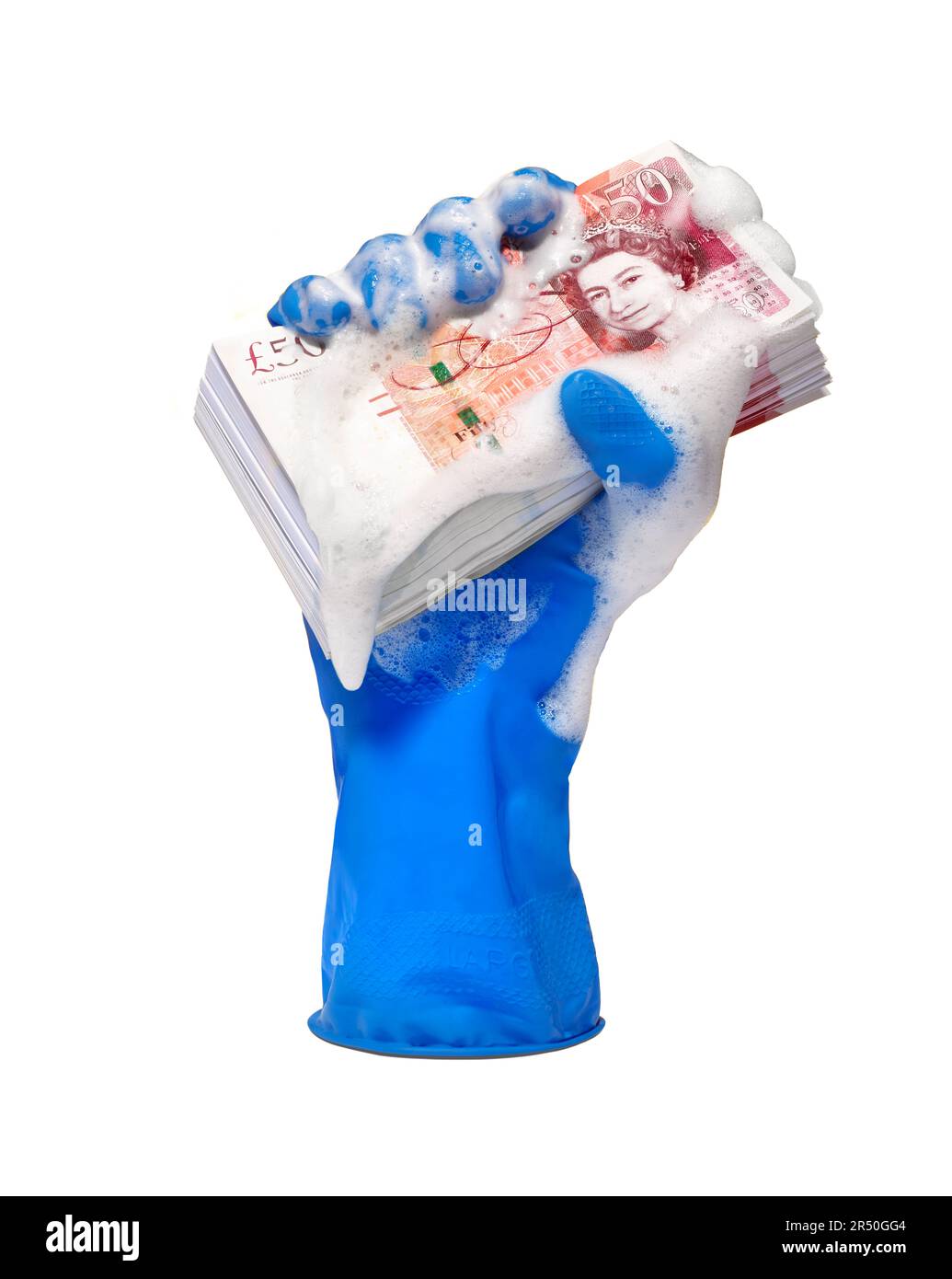 Eine Hand in einem Gummihandschuh, die einen gewaschenen Haufen Geld hält Stockfoto