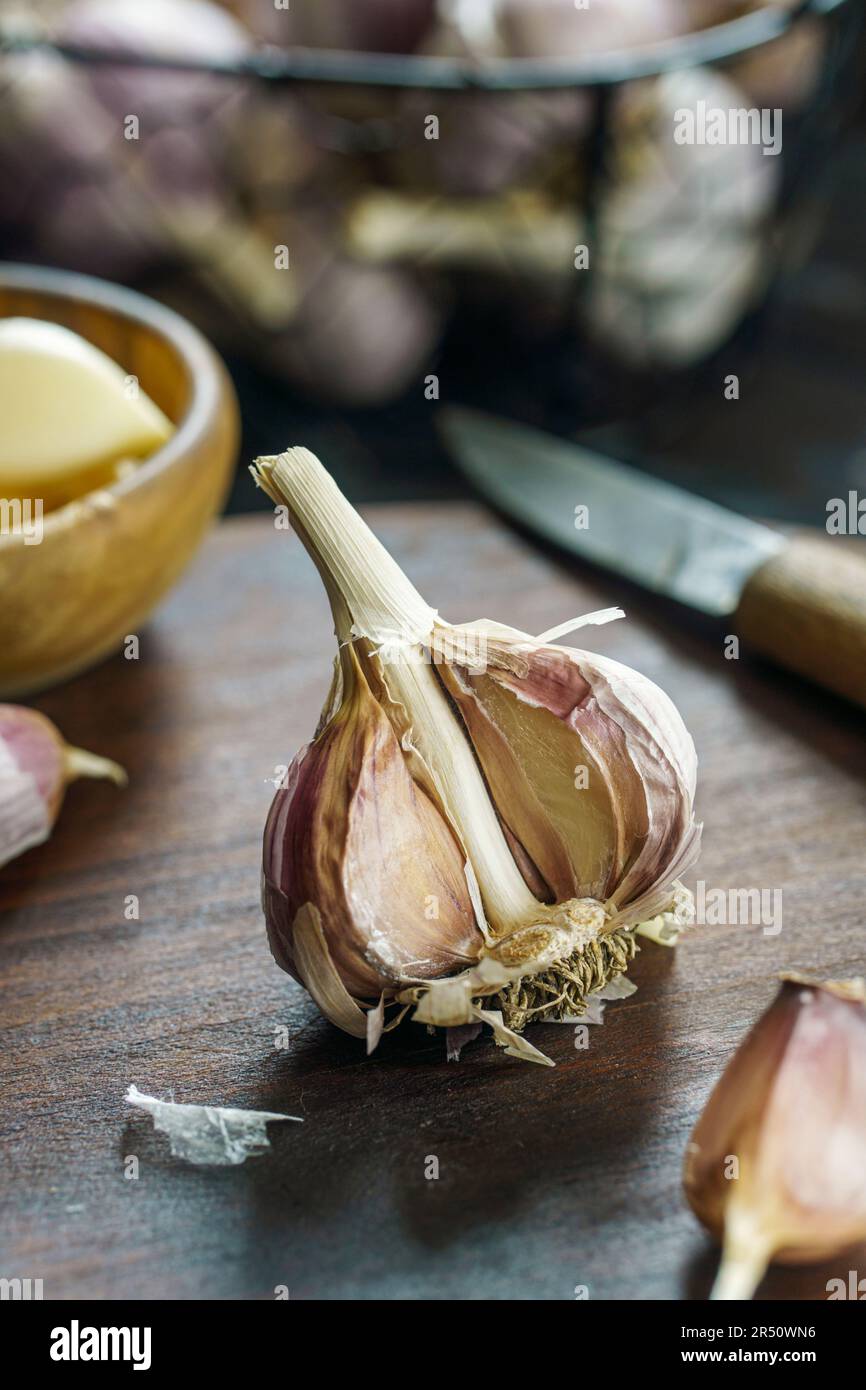 Knoblauchknolle Nahaufnahme Stockfoto