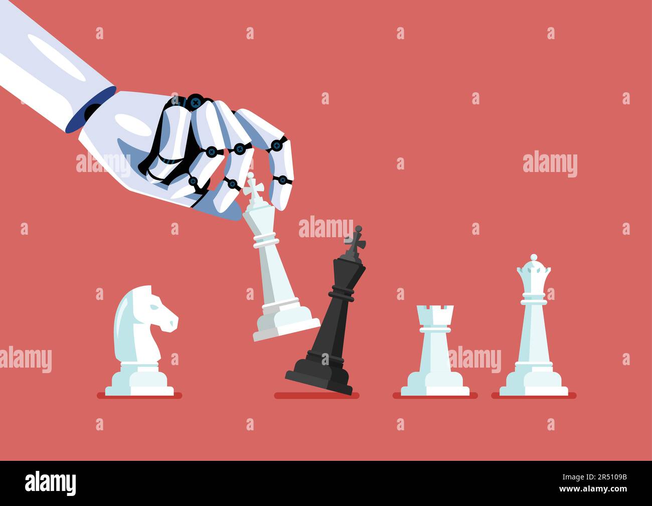 Roboterhand benutzt weißen König Schachmatt, den schwarzen König. Konzept des maschinellen Lernens. Künstliche Intelligenz. Vektordarstellung Stock Vektor