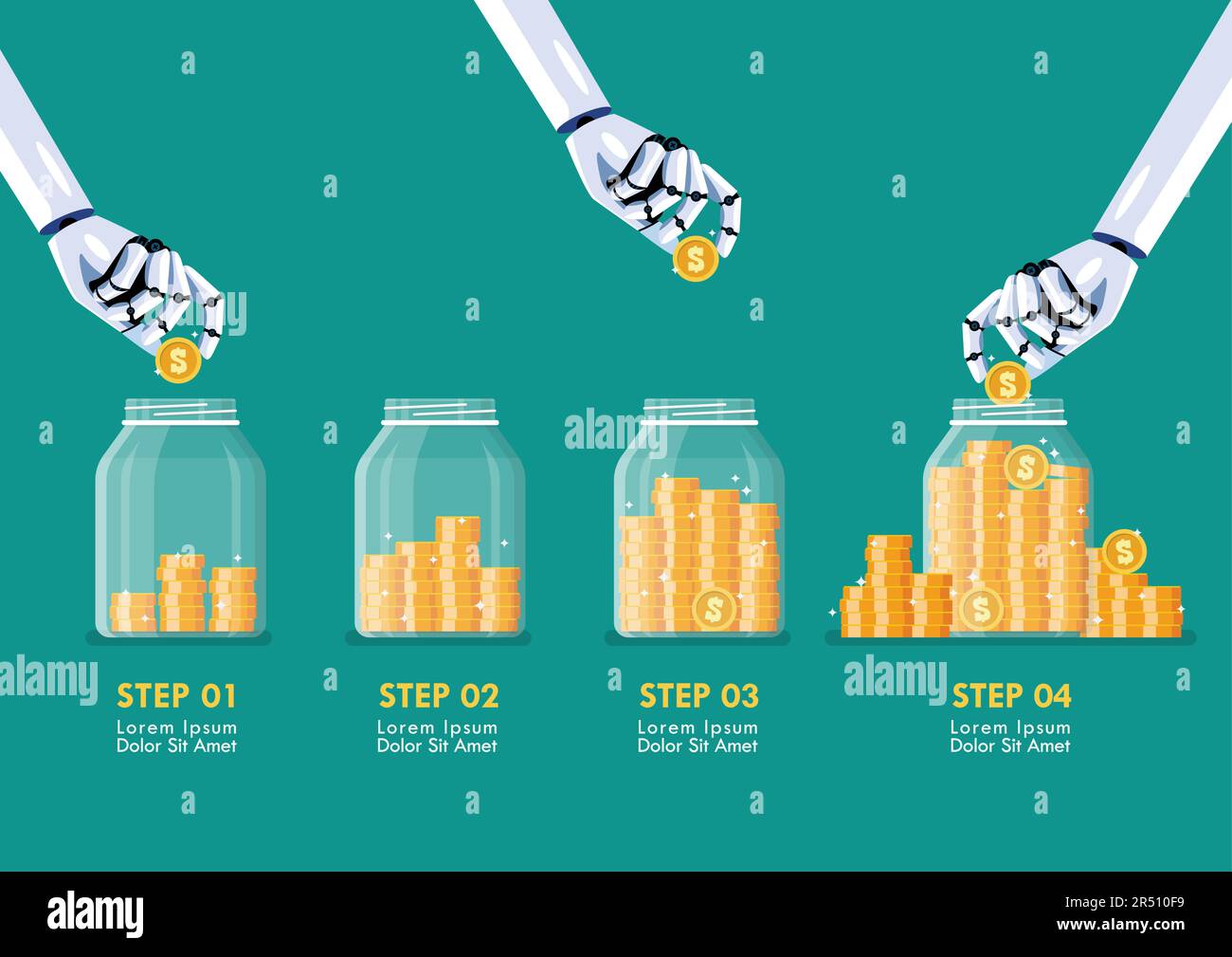Schritt von Roboterhänden, Münzen in Glasgefäßen zu lagern. Vektordarstellung Stock Vektor