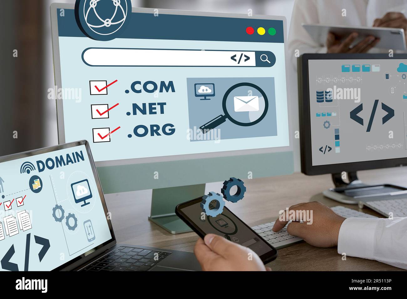 Big Data auf einer Domain-Webseite und SEO Internet Domain Name Registration Domain, Adresse Internet Network Online-Website auf einem Computer Stockfoto