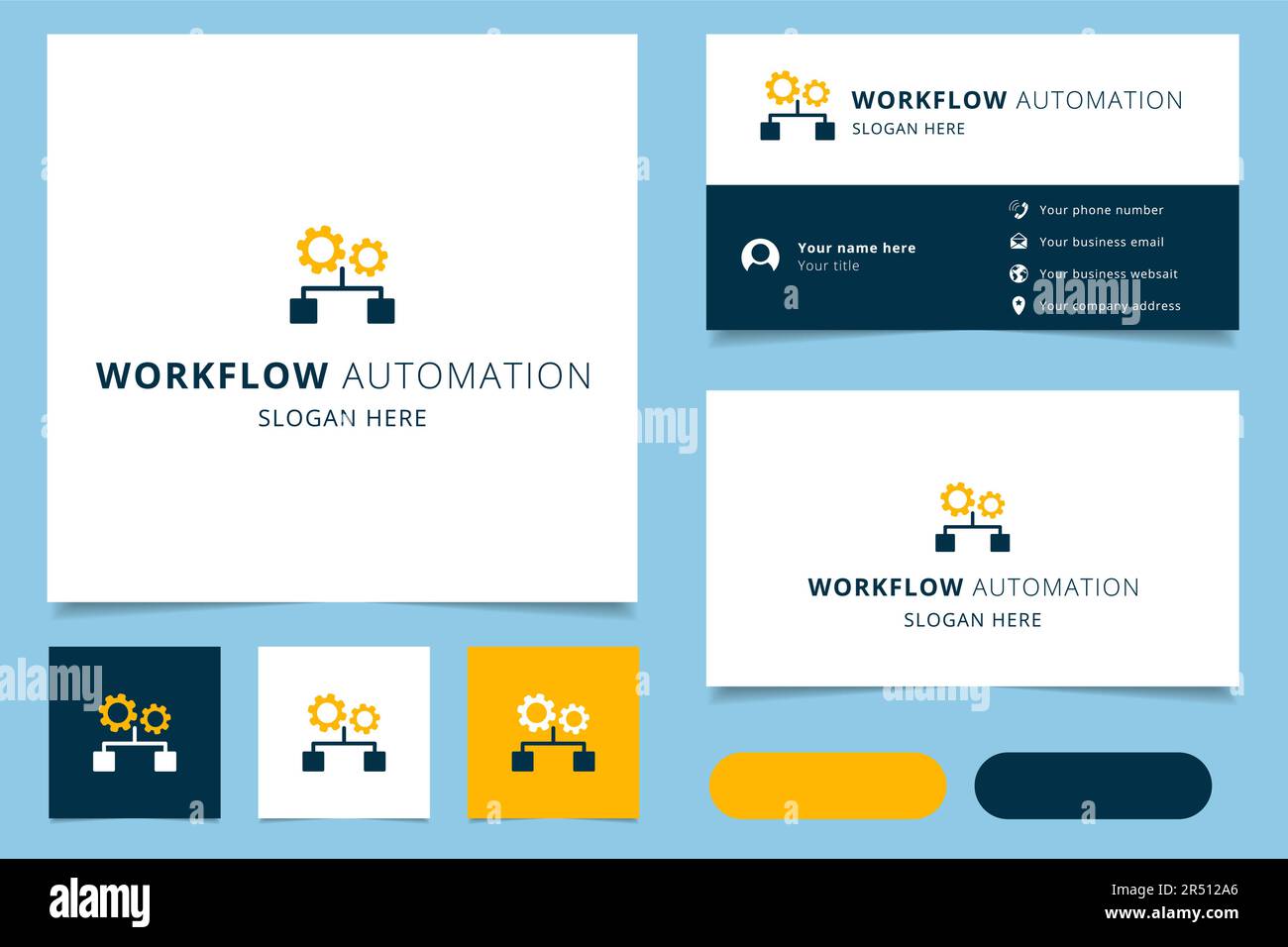 Logo-Design für Workflow-Automatisierung mit editierbarem Slogan. Branding-Buch und Visitenkartenvorlage. Stock Vektor