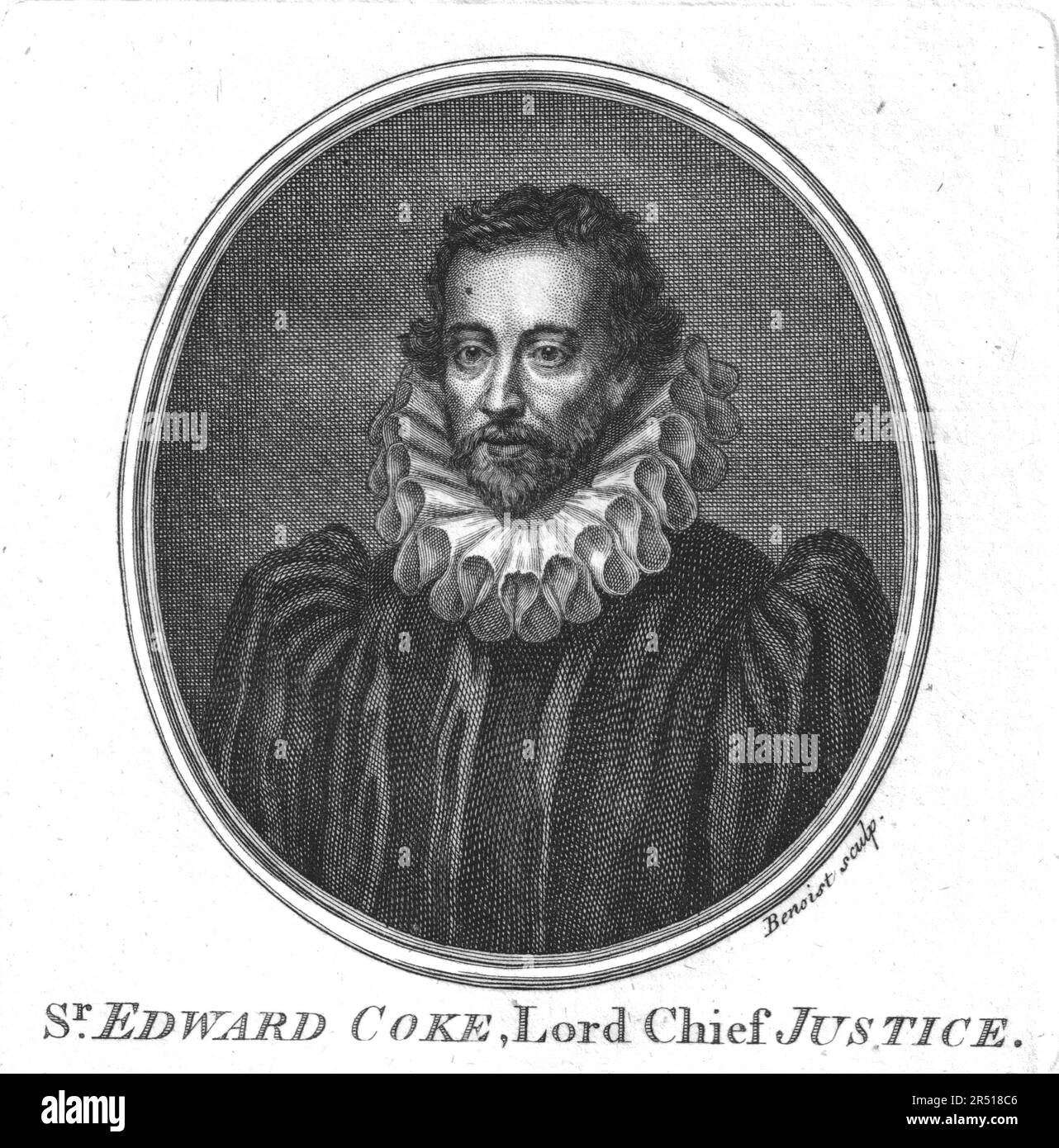 Sir Edward Coke (1552-1634), Rechtsanwalt, Schriftsteller und Politiker. Gravur von Guillaume Philippe Benoist, 1755 Stockfoto