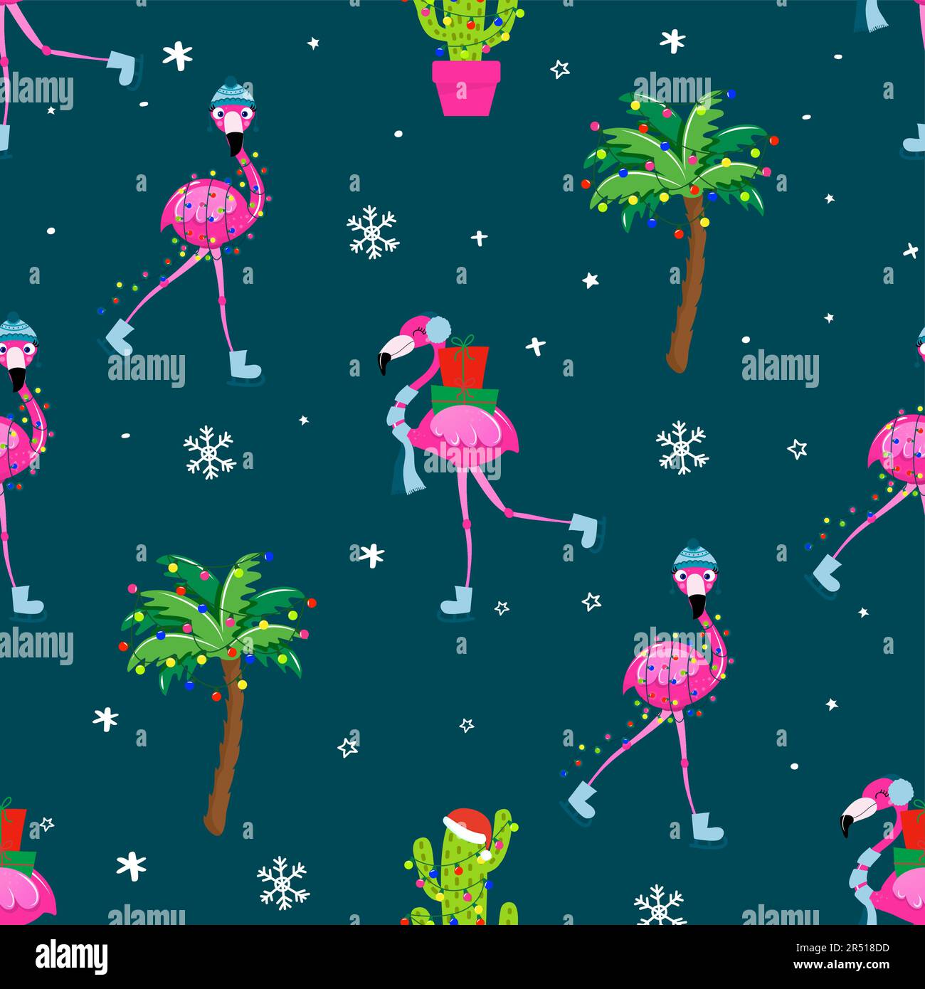 Süßes Flamingo-Muster zu Weihnachten - bezaubernder Flamingo, Schneeflocken, Palmen-Illustration. Handgezeichnete Tapete. Gut für Textilien, Kinderzimmer, Wallp Stock Vektor
