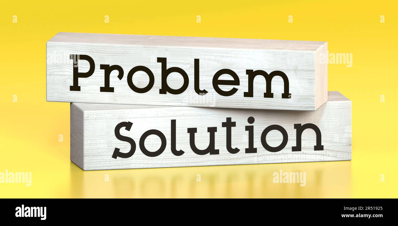 Problem, Lösung – Wörter auf Holzblöcken – 3D-Abbildung Stockfoto