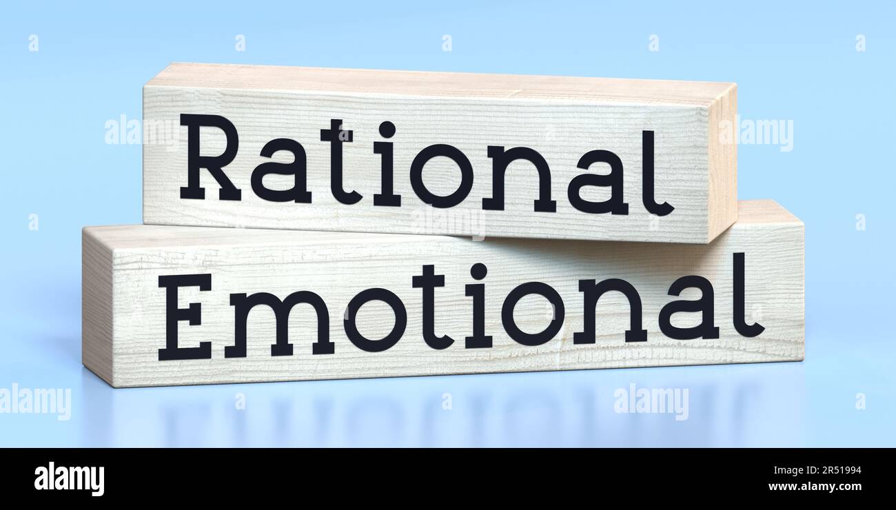 Emotional, rational - Wörter auf Holzblöcken - 3D-Darstellung Stockfoto