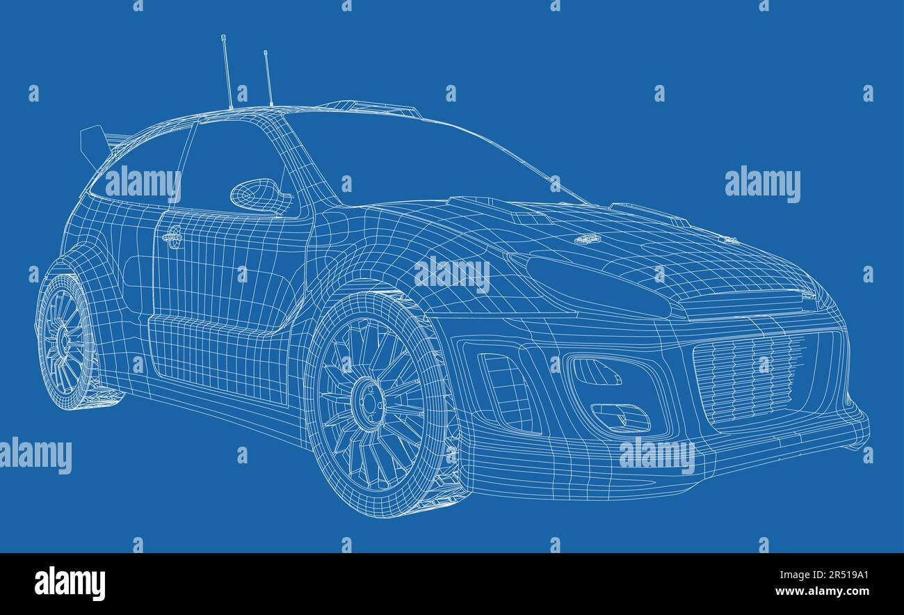 Rallye Auto Illustration Vektor. Drahtrahtzeile isoliert. Vektorrendering von 3d Stock Vektor