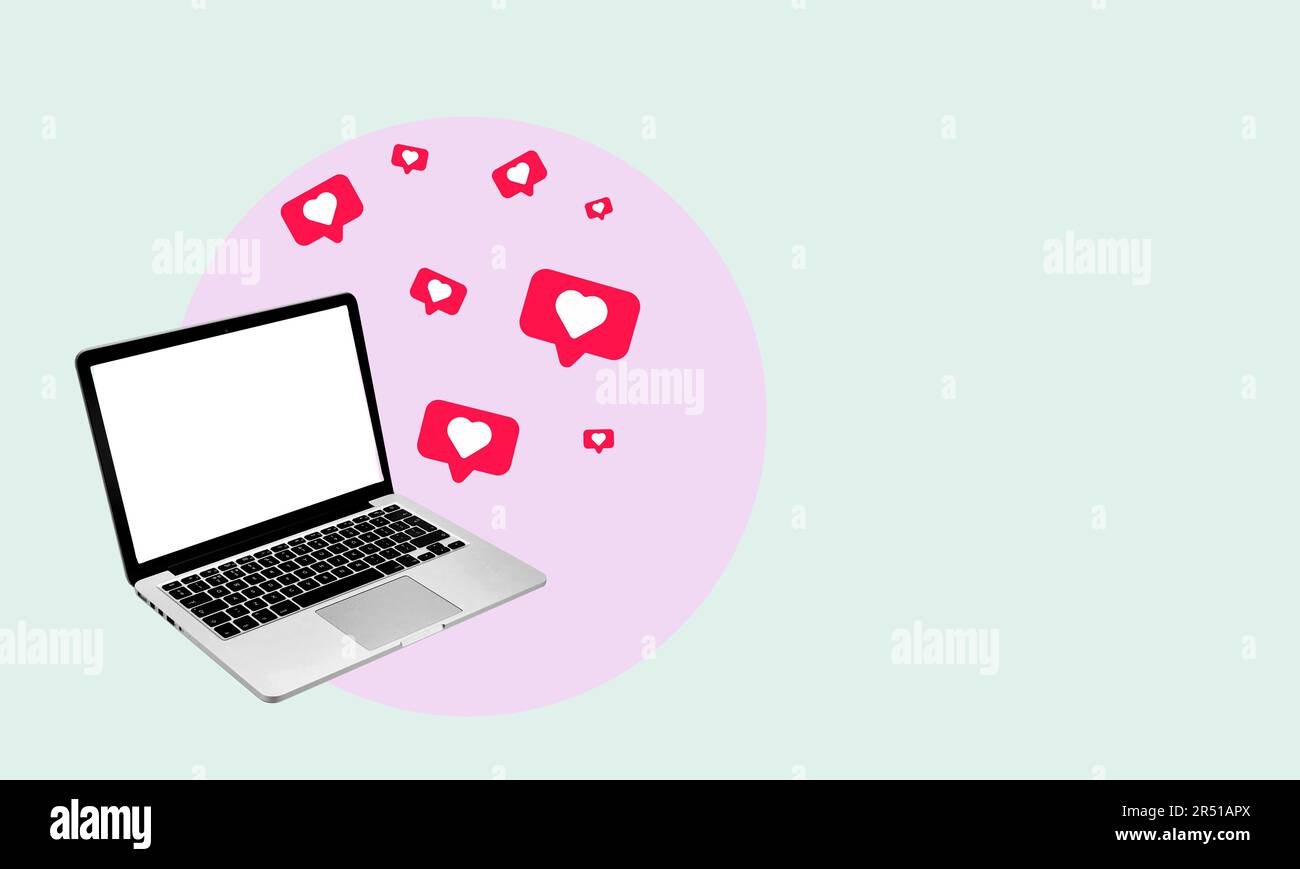 Kunstcollage, Computerherzen auf hellem Hintergrund. Algorithm gibt „like Hearts Reaction“, ein Social-Media-Notebook, SMM-Strategie, erfolgreicher Blogger Stockfoto