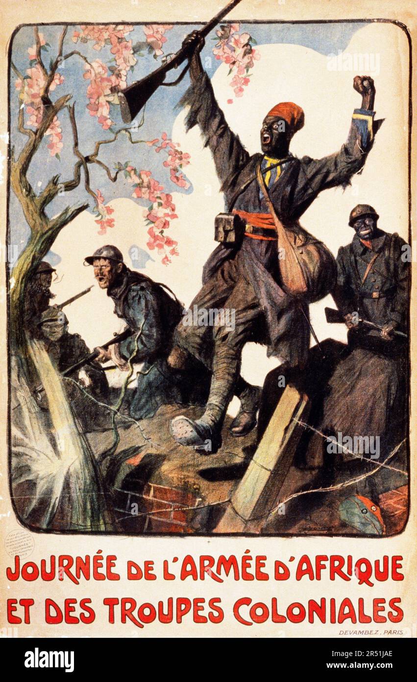 Propaganda aus dem Ersten Weltkrieg - Tag der Afrikanischen Armee und der Kolonialtruppen - französische Soldaten mit schwarzen Soldaten aus Afrika und den Kolonien - Jonas, Lucien, 1880-1947, Künstler, 1917 Stockfoto
