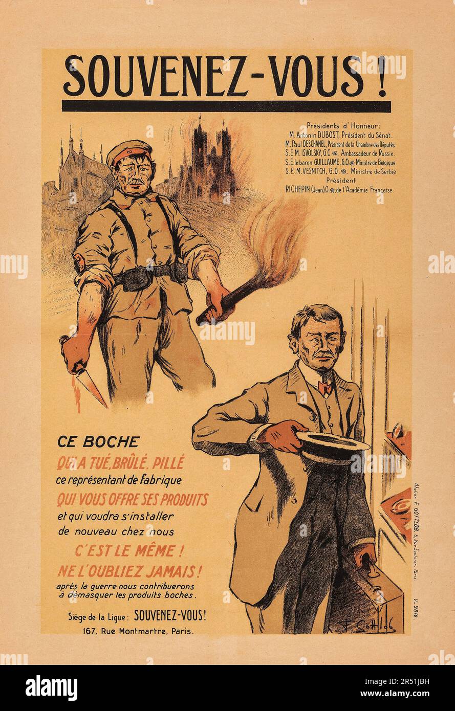 Französische Propaganda (Ligue Souvenez-vous, 1919). Französisches Poster – „Merken Sie Sich!“ F. Gottlob Artwork Stockfoto