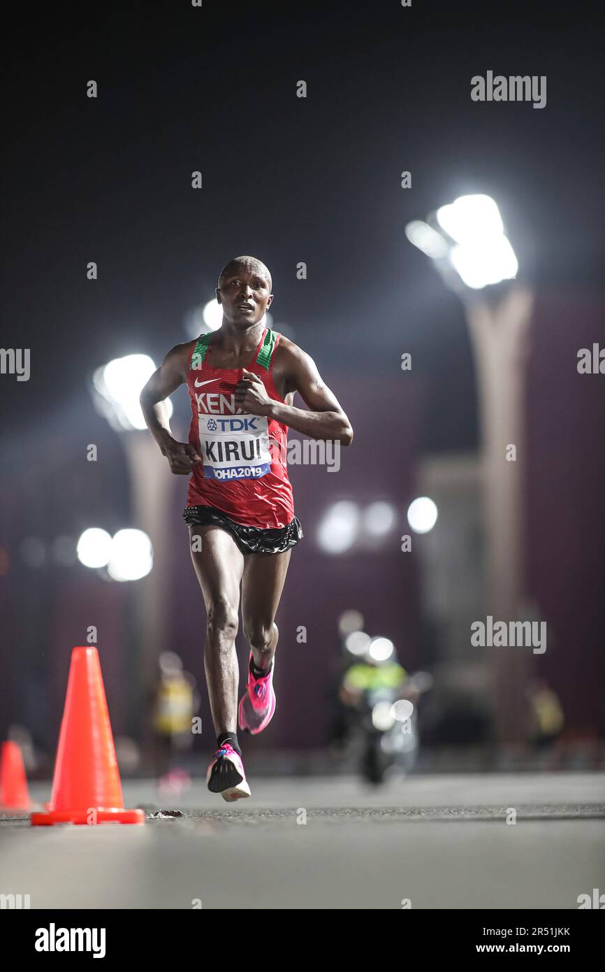 Geoffrey Kirui nimmt am Doha-Weltmeisterschafts-Marathon 2019 Teil. Stockfoto