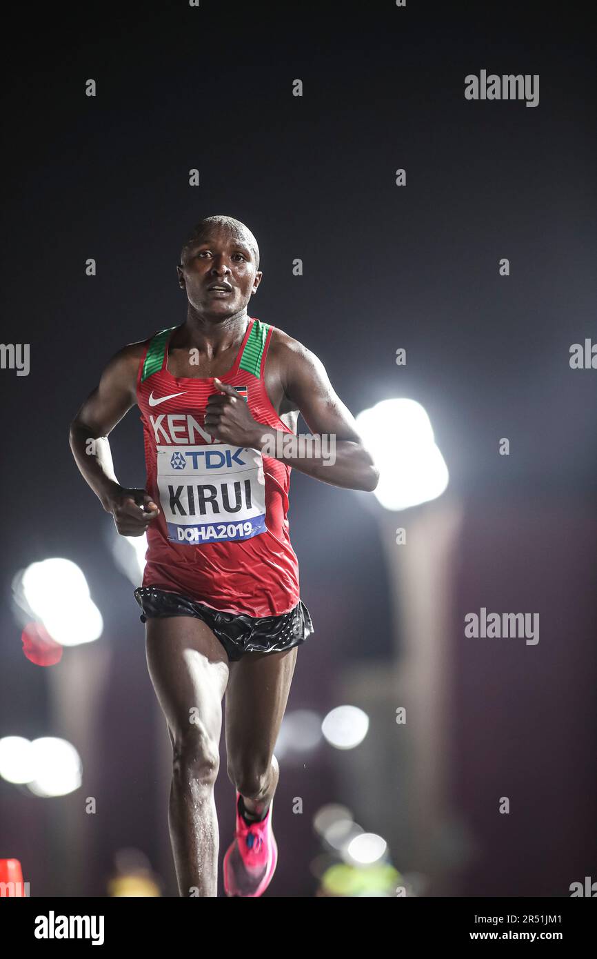 Geoffrey Kirui nimmt am Doha-Weltmeisterschafts-Marathon 2019 Teil. Stockfoto