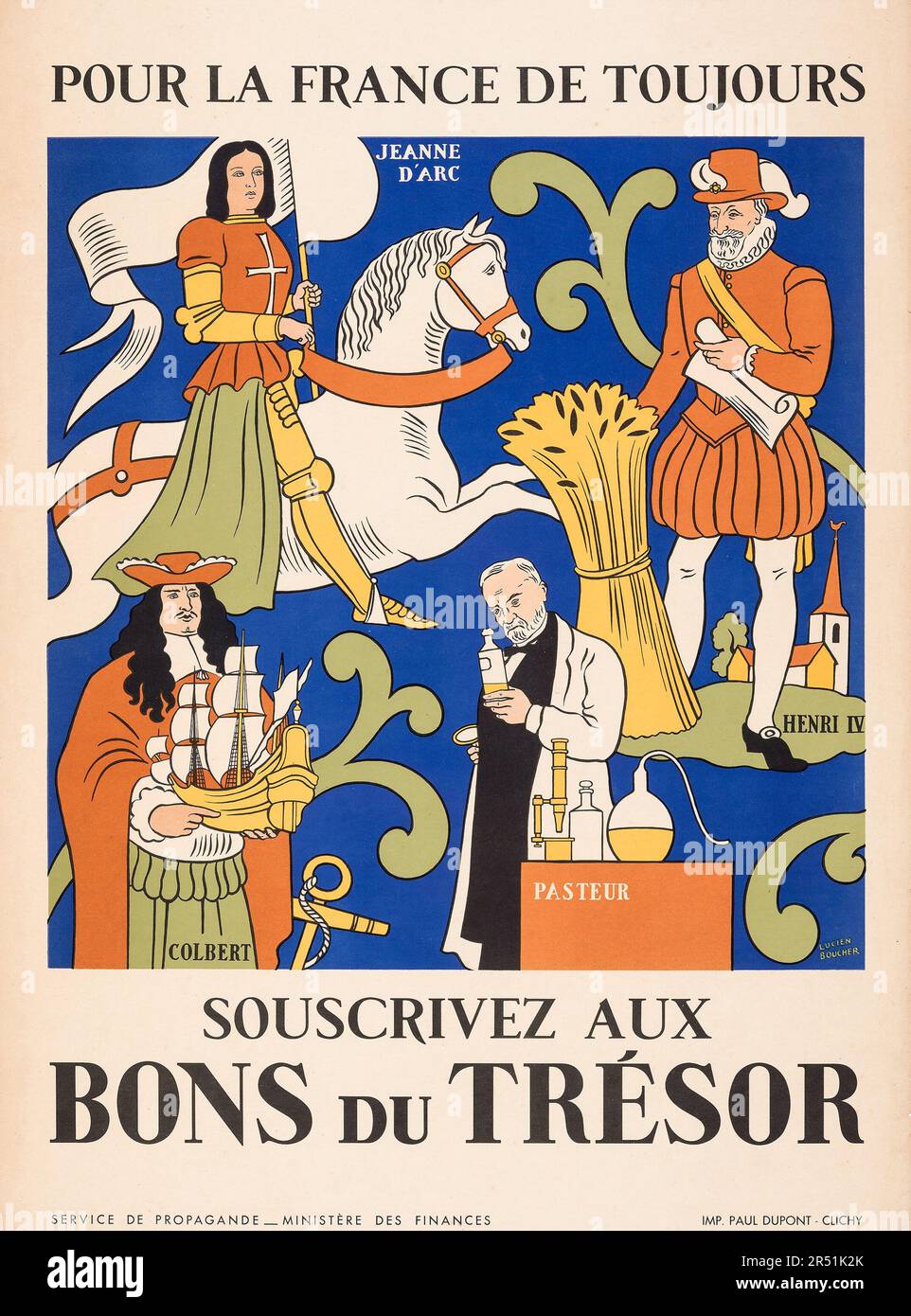 Französisches Propagandaposter aus dem Zweiten Weltkrieg (Service de Propagande-Ministere des Finances, c. 1940er). Poster „Souscrivez aux Bons Due Tresor“ Lucien Boucher Artwork Stockfoto