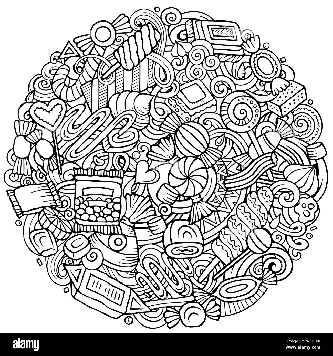 Bonbons Cartoon-Vektor runde Kritzeleien Illustration. Süßes Essen. Konfektionierungselemente und Hintergrund von Objekten. Ein komisches Bild. Alle Elemente sind Stock Vektor
