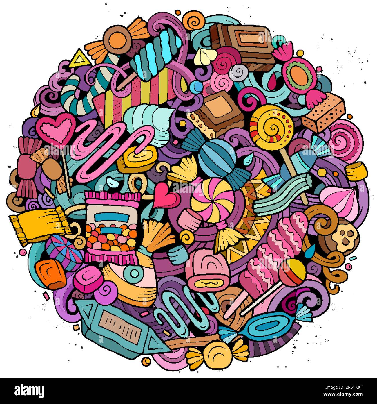 Bonbons Cartoon-Vektor runde Kritzeleien Illustration. Süßes Essen. Konfektionierungselemente und Hintergrund von Objekten. Helle Farben, lustiges Bild. Alles klar Stock Vektor