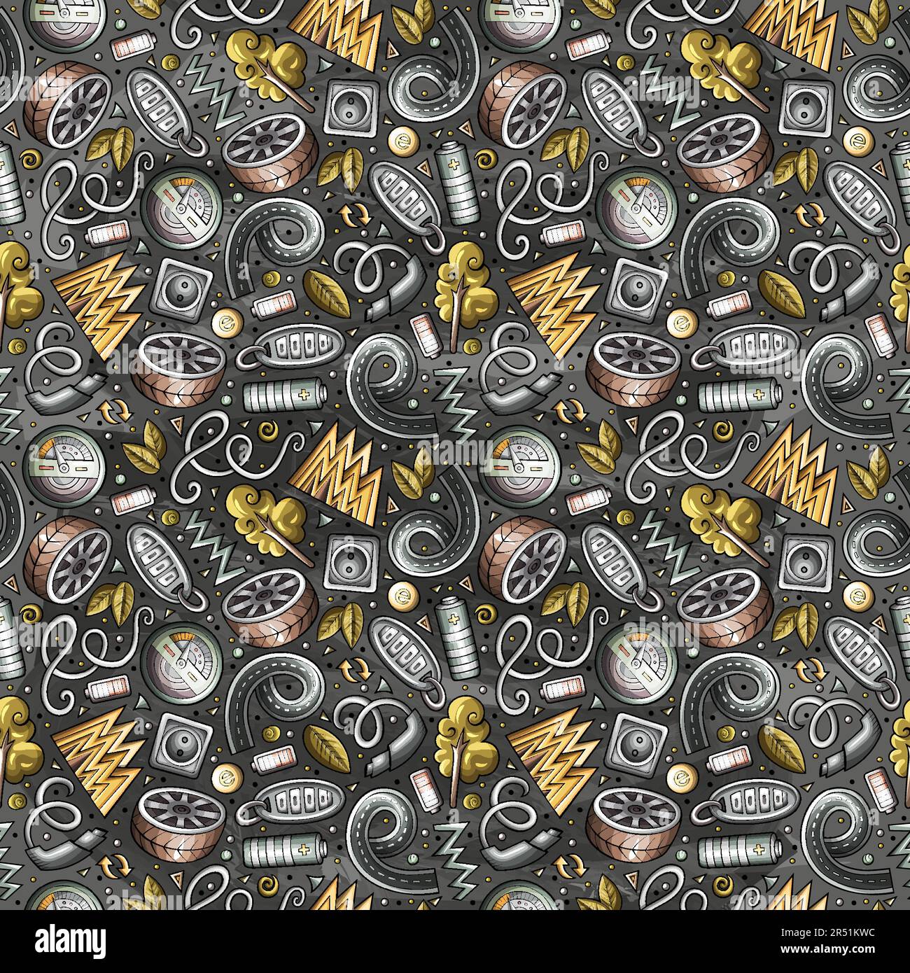 Cartoon niedliche Kritzeleien Elektrofahrzeug Nahtloses Muster. Farbenfrohe Details mit vielen Objekten im Hintergrund. Hintergrund mit umweltfreundlichen Fahrzeugsymbolen und -Gegenständen Stock Vektor