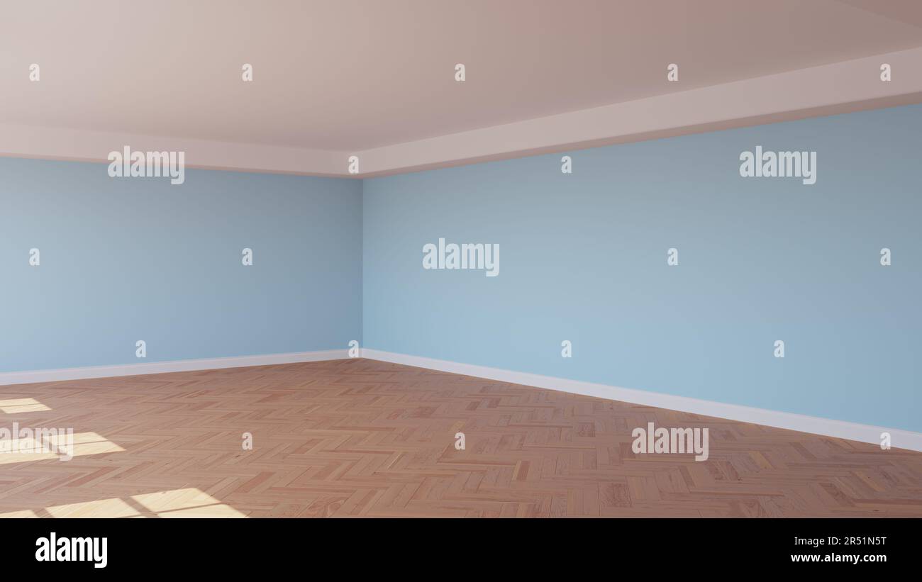 Ecke des sonnendurchfluteten Raums mit hellblauen Wänden, weißer Decke und Korn, glänzendem Parkettboden mit Fischgrätmuster und weißem Sockel. Unmöbliertes Zimmer C Stockfoto