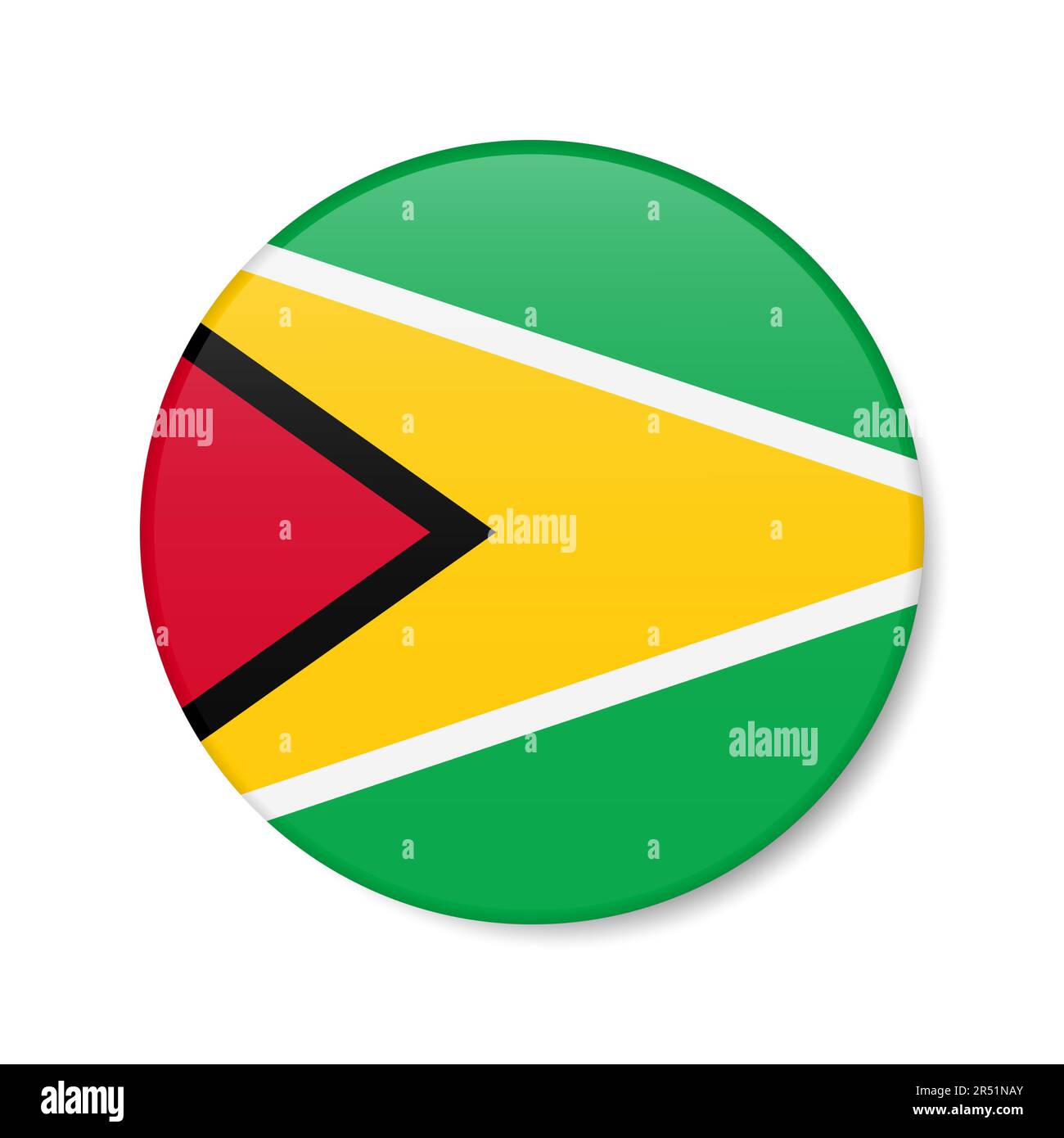 Symbol für den Kreis in Guyana. Guyanesische runde Abzeichen-Flagge mit Schatten. Realistische 3D-Vektordarstellung auf Weiß isoliert. Stock Vektor
