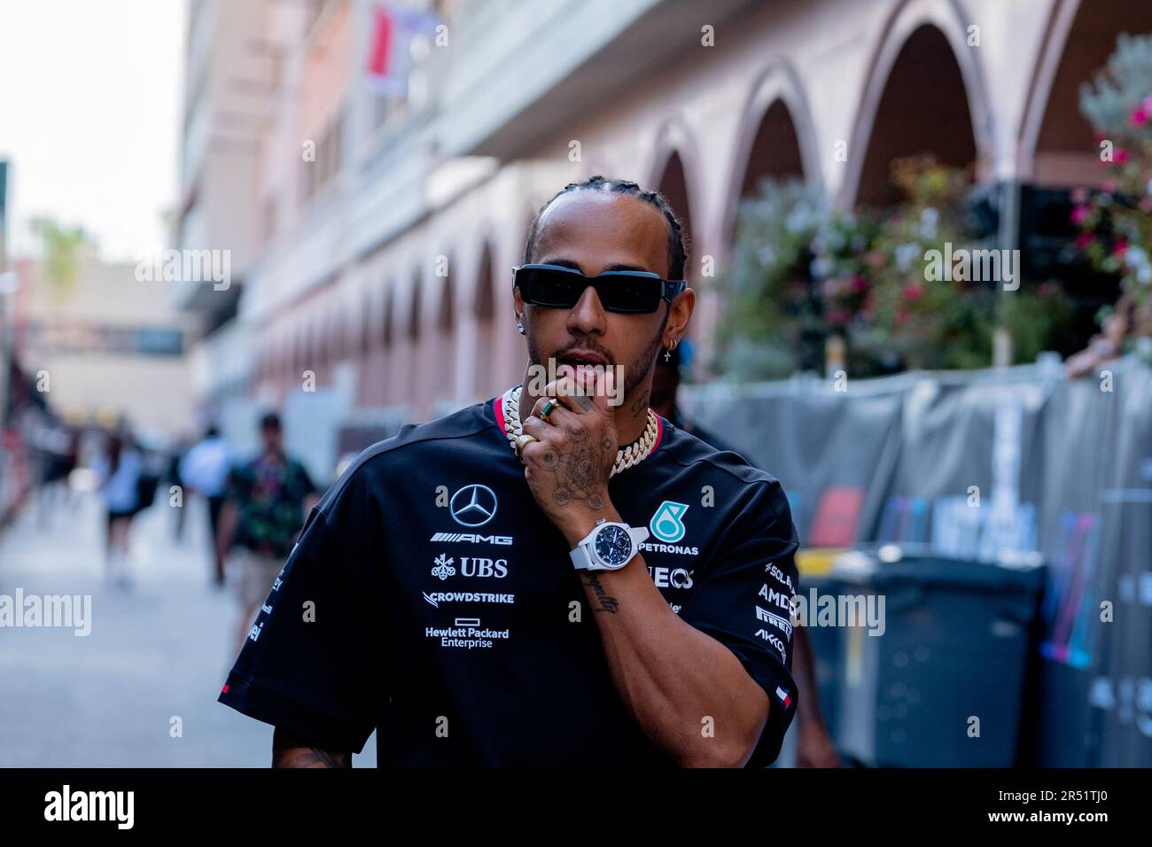Monte-Carlo, Monaco, Circuit de Monaco, 28. Mai 2023: Lewis Hamilton , Mercedes F1 Fahrer, während des Formel 1 Grand Prix von Monaco Stockfoto