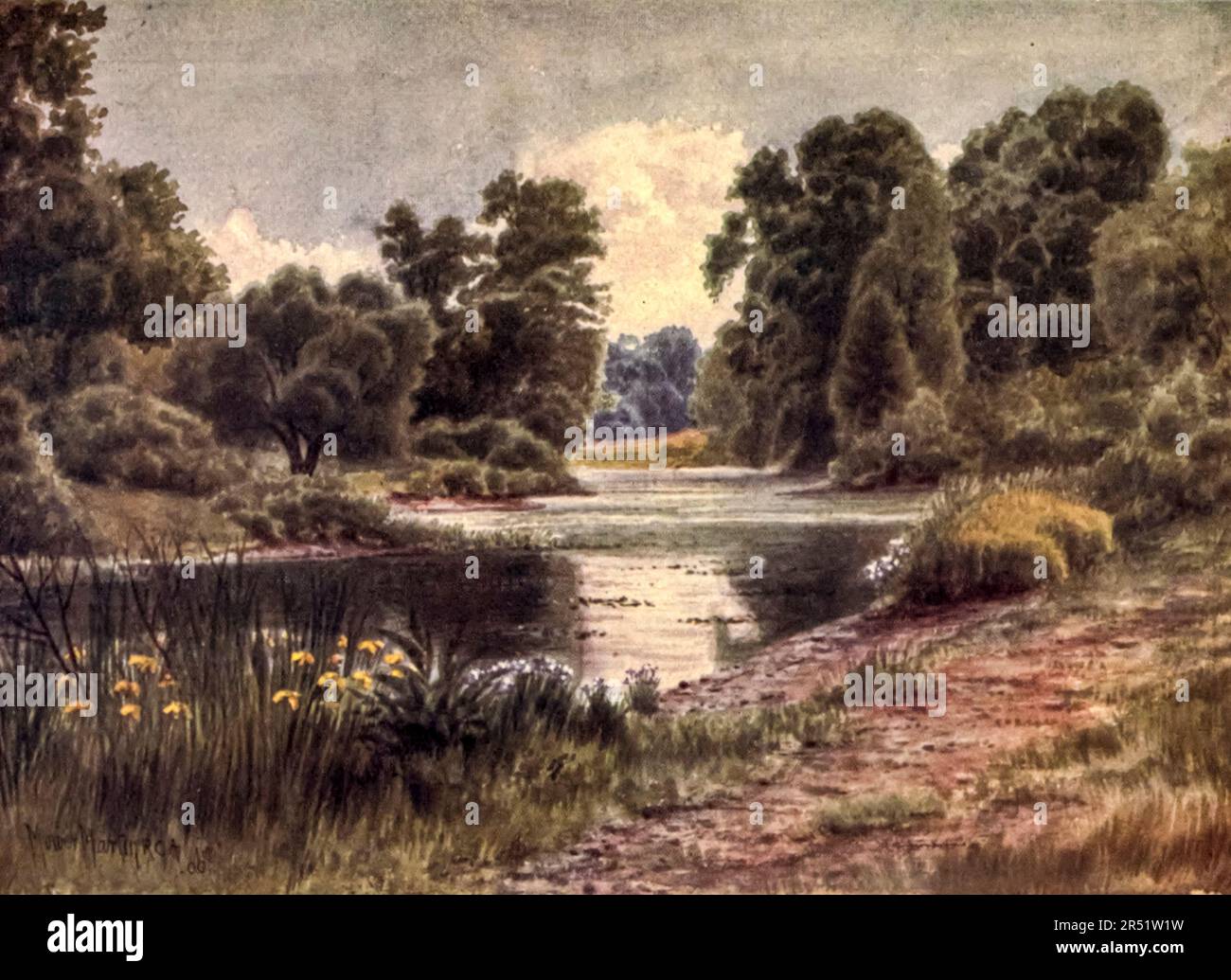 The Lake, Looking South gemalt von T. Mower Martin (Thomas Mower Martin) aus dem Buch „ Kew Gardens “ von Ascott Robert Hope Moncrieff, veröffentlicht in London von Adam und Charles Black im Jahr 1908 Stockfoto