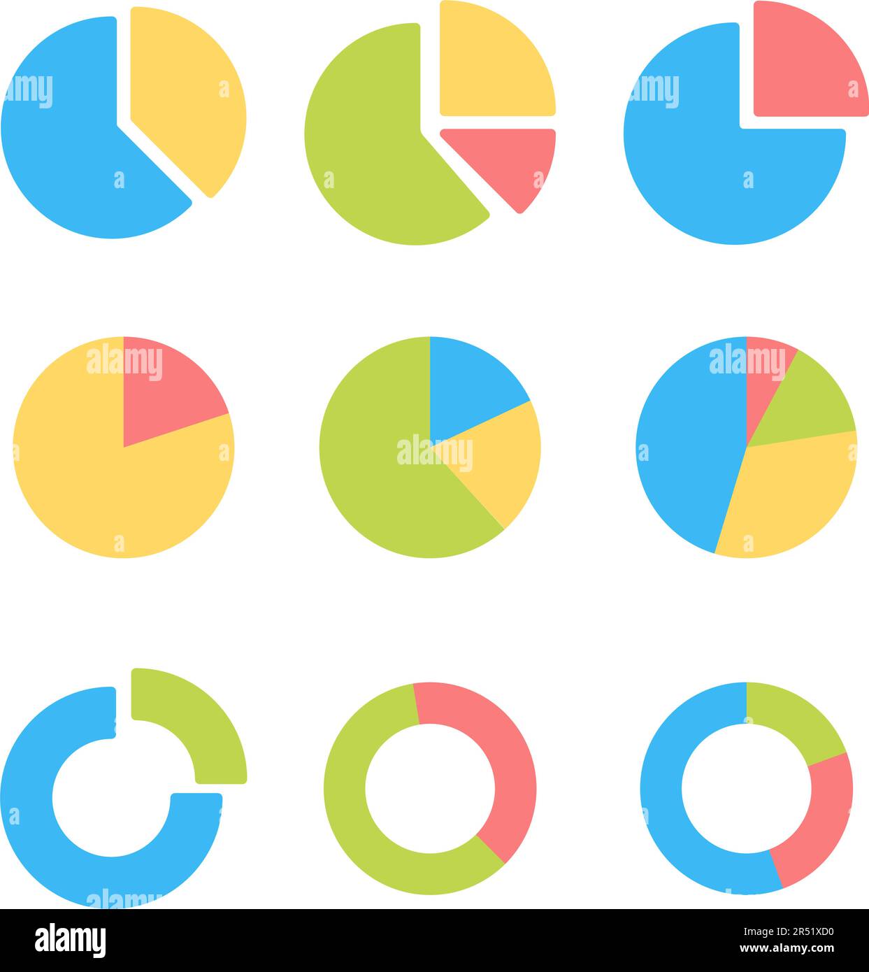 Satz farbenfroher Kreisdiagrammsymbole. Vektordarstellung Stock Vektor