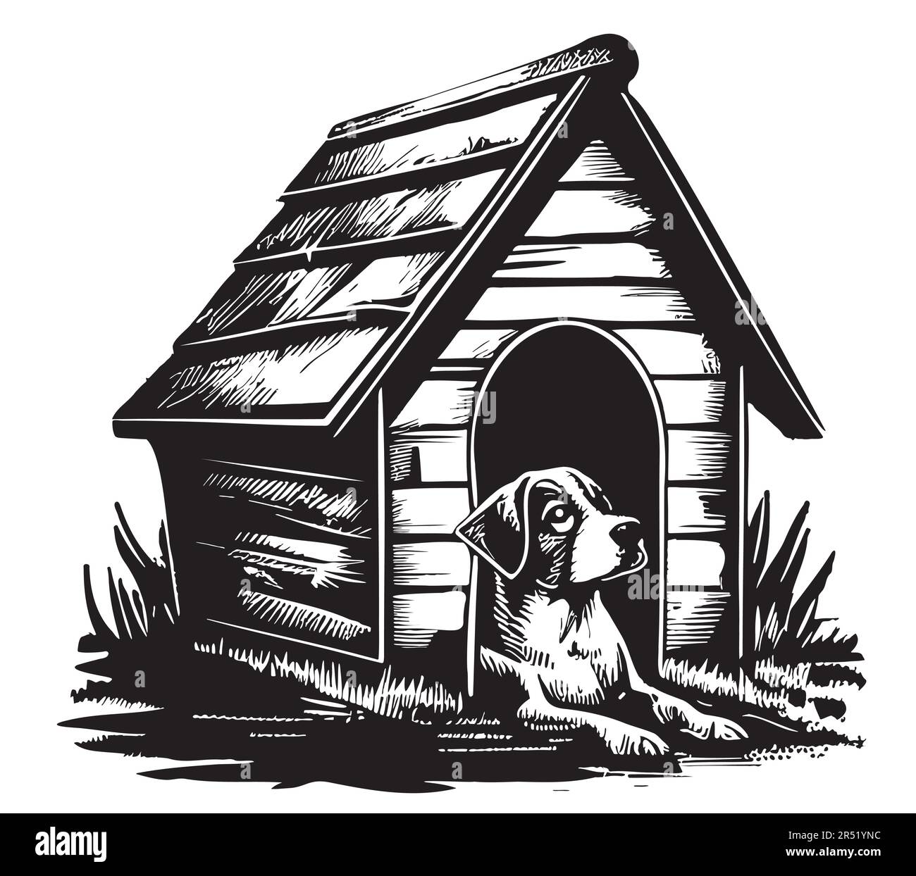 Hundehütte mit Hundezeichnung, handgezeichnet in Doodle-Style-Illustration Stock Vektor