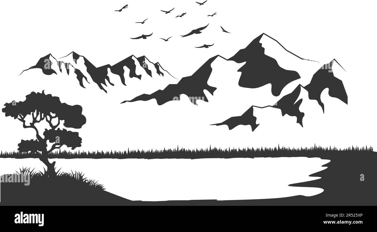 Berggrünes Tal Seenlandschaft. Flussseite in Bergen Cartoon-Illustration. Bannerhintergrund für Vektor im Freien. Hügel, Berge und eine Stock Vektor