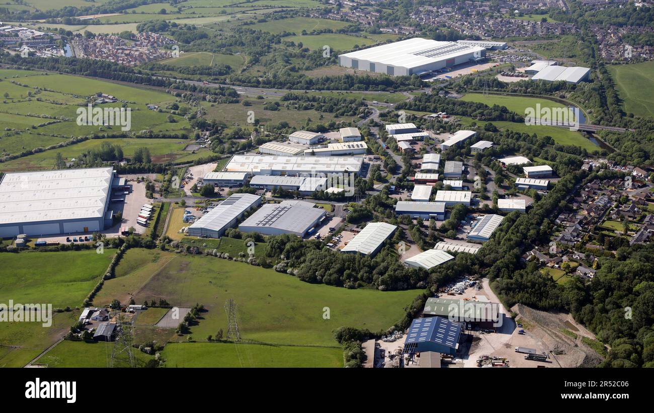 Luftaufnahme des Network 65 Business Park, Burnley BB11 5ST, Lancashire Stockfoto