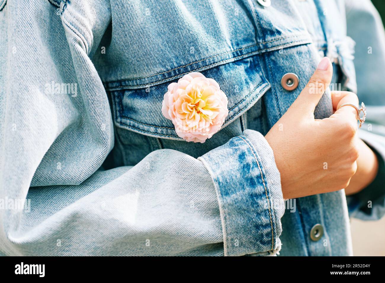Modische Details, Frau trägt eine leichte Denimjacke mit einer frischen, blühenden Rose in der Tasche Stockfoto