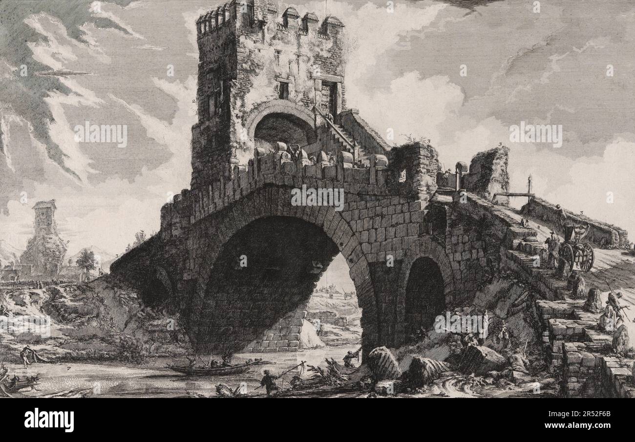 Antikes Rom, der Ponte Salario, im Mittelalter Ponte Salaro genannt, ist eine Straßenbrücke über den Aniene, deren Ursprünge bis in die Römerzeit zurückreichen, 1770, Italien, Historisch, digital restaurierte Reproduktion von einer Vorlage aus der damaligen Zeit / Altes Rom, Ponte Salario, genannt Ponte Salaro im Mittelalter, Ist eine Straßenbrücke über die Aniene, deren Ursprünge bis in die römische Zeit, 1770, Italien, zurückreichen, historische, digital restaurierte Reproduktion eines Originals aus dieser Zeit. Stockfoto