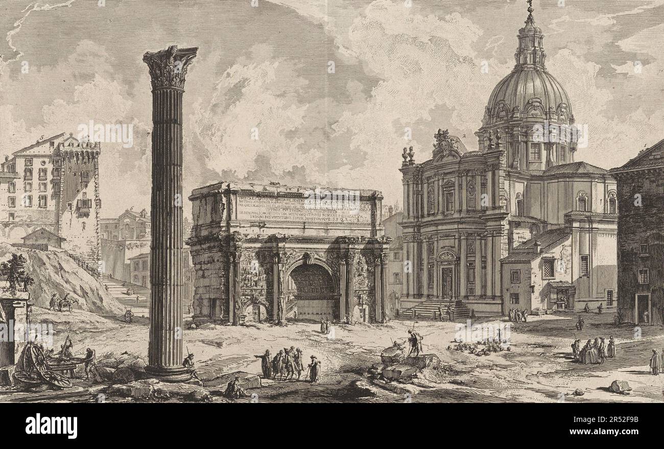 Antikes Rom, Arco di Settimio Severo, der Septimius-Severus-Bogen ist ein dreibotender Triumphbogen, der sich an der nordwestlichen Ecke des Forum Romanum befindet und auf einem Travertinsockel steht, der original nur über eine Treppe zugänglich war, 1770, Italien, Historisch, Digitale Restaurierte Reproduktion von einer Vorlage aus der damaligen Zeit / das antike Rom, Arco di Settimio Severo, der Arch des Septimius Severus ist ein dreigewölbter Triumphbogen in der nordwestlichen Ecke des Forum Romanum, der auf einem Travertin-Fundament steht, das ursprünglich nur über eine Treppe zugänglich war, 1770, I Stockfoto