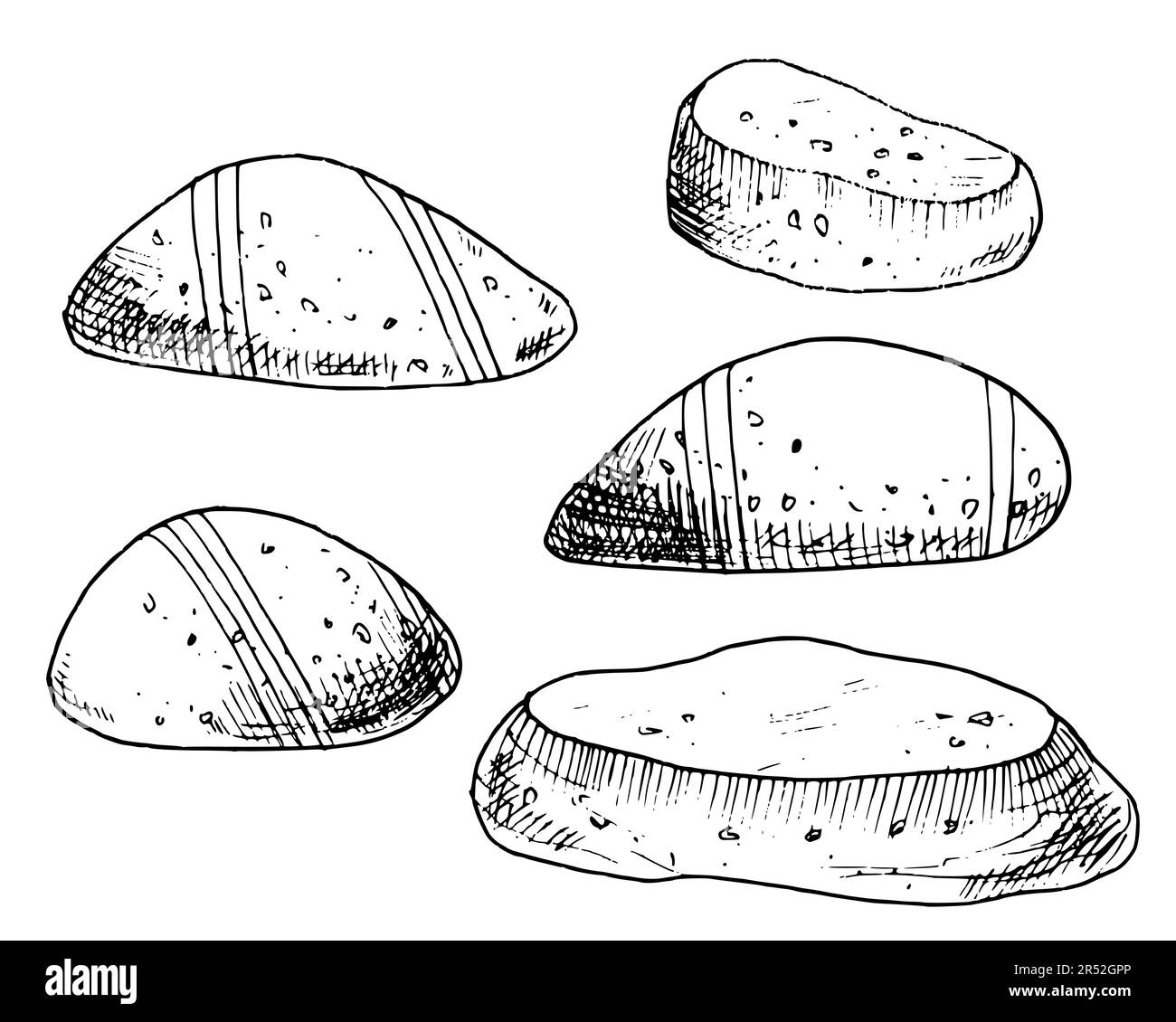 Vector Sea Stones bereit. Handgezeichnete Darstellung mit Kieseln auf isoliertem weißem Hintergrund im Umrissstil. Zeichnung von gestreiften, glatten Meeresfelsen. Skizze von Unterwassermineralien, mit schwarzer Tinte lackiert. Stock Vektor