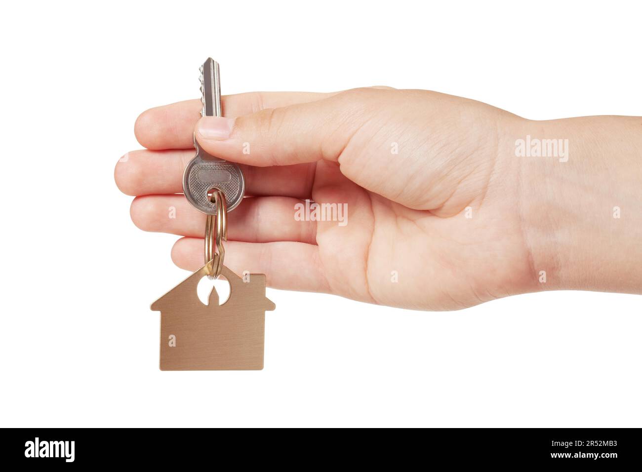 Schlüsselanhänger in der Hand auf weißem Hintergrund Stockfoto