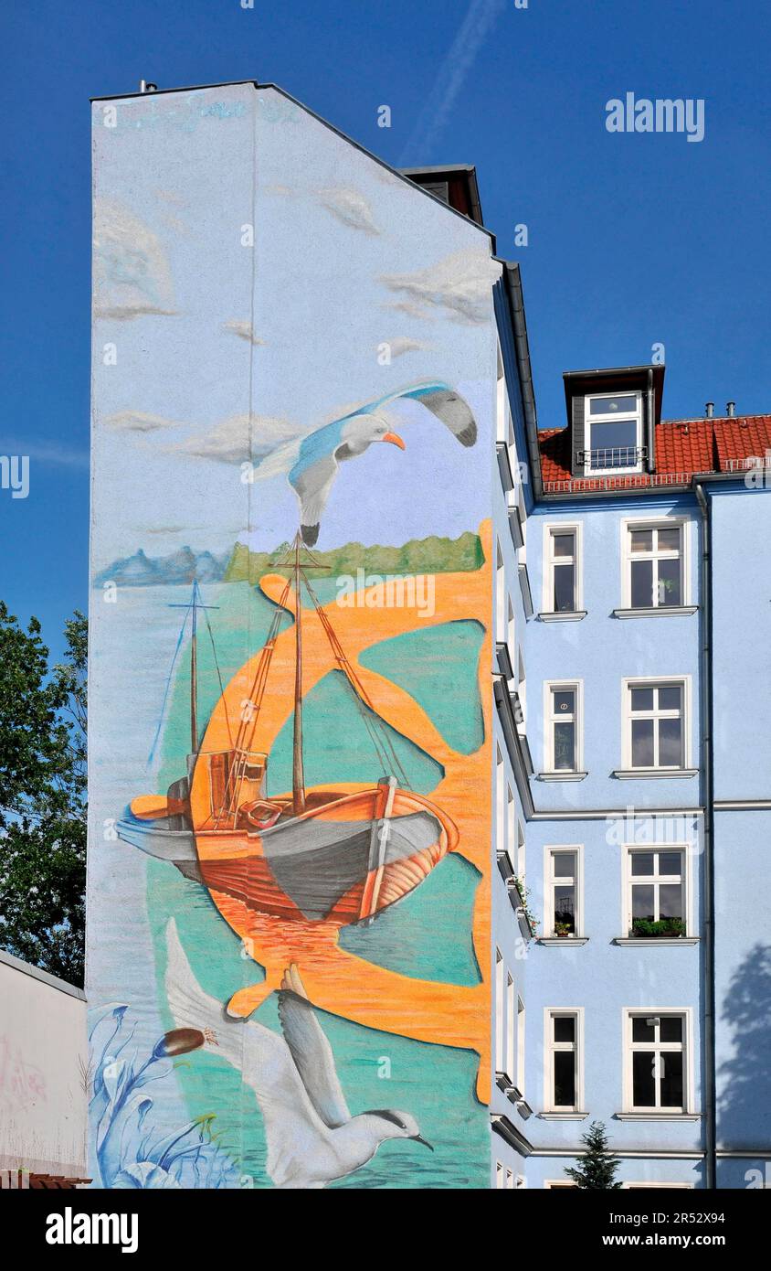 House Painting, Markgrafendamm, Friedrichshain, Berlin, Deutschland, Feuerwand Stockfoto