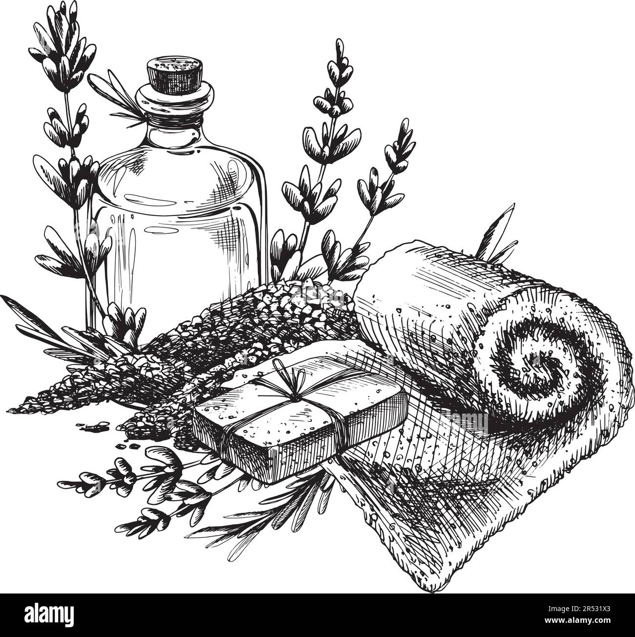 Meerbadsalz, Handtuch, Seife, eine Flasche Lavendelblumen. Handgezeichnete Illustration, Graphik-Vektor-EPS. Isolierte Komposition auf weißem Hintergrund Stock Vektor