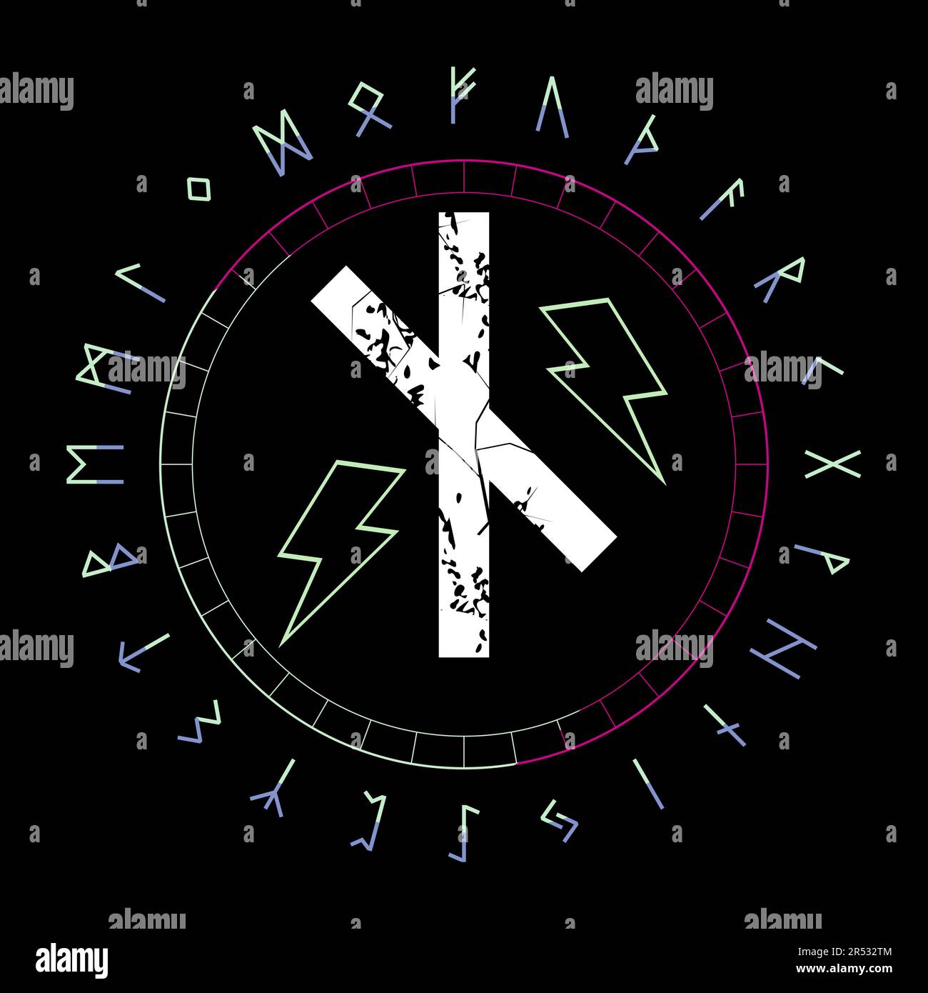 Design für ein T-Shirt mit runischem Buchstaben namens Nauthiz neben dem Symbol des Donners. vektordarstellung des Runenalphabets in kreisförmigem Design. Stock Vektor