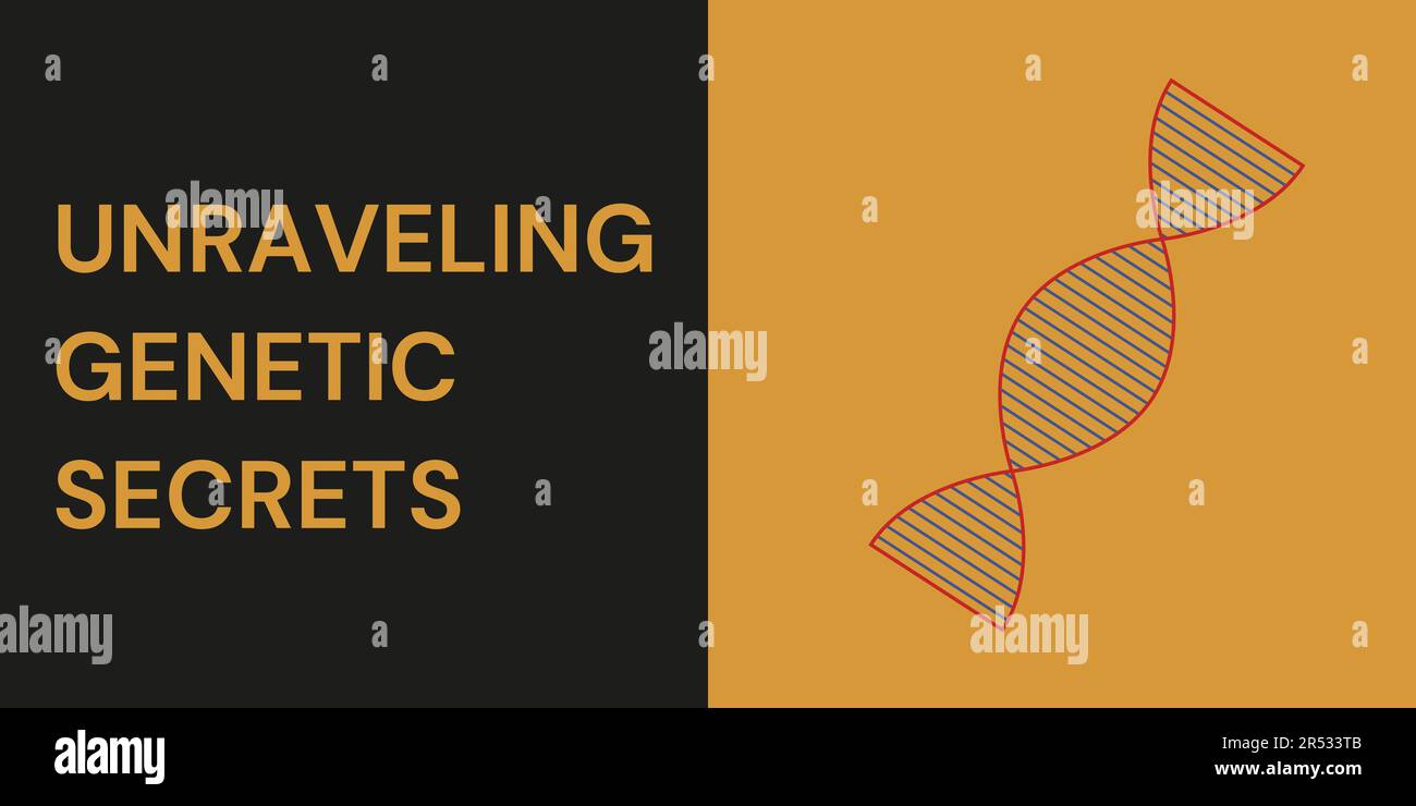 Banner zur Entwirrung genetischer Geheimnisse auf schwarzem und orangefarbenem Hintergrund. Stilvolles Banner mit Text und Symbol für Gesundheitswesen und Medizin Stock Vektor