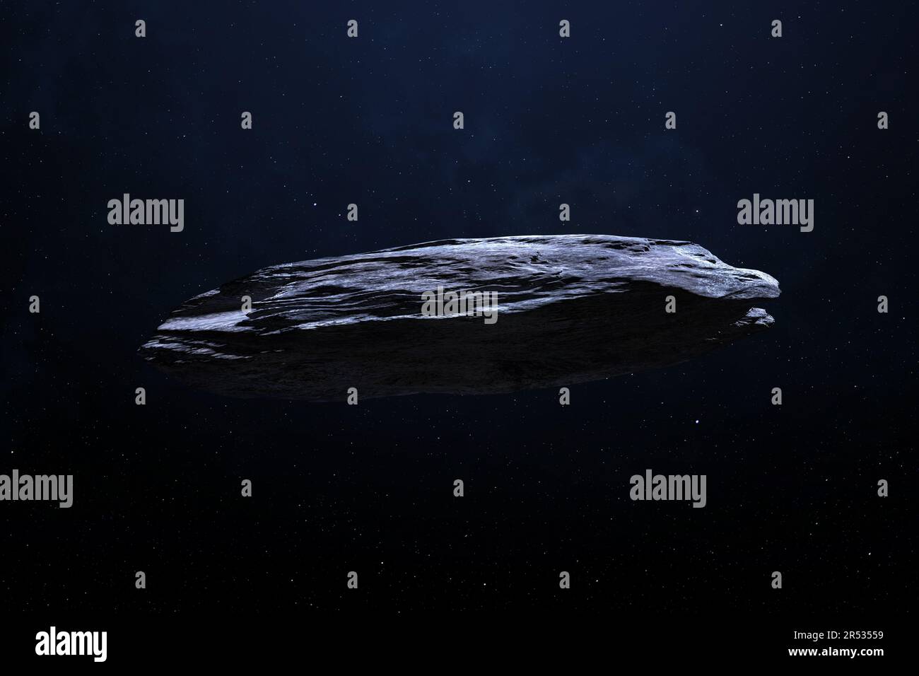 Oumuamua Asteroid oder Komet, ist das erste interstellare Objekt, das durch das Sonnensystem erfasst wird. Ungewöhnlicher Asteroid. Von der NASA bereitgestellte Elemente. Stockfoto