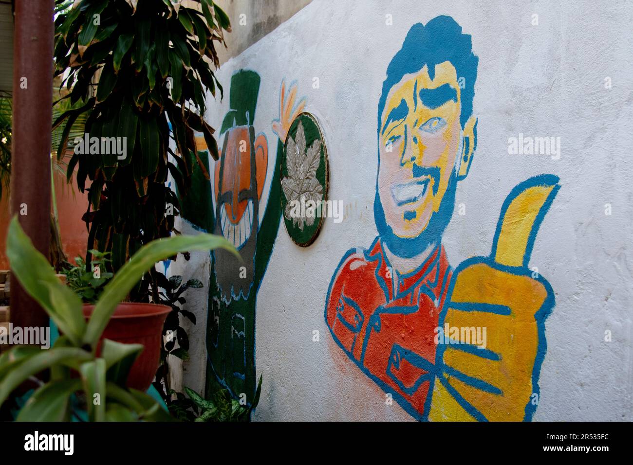Straßengemälde und Kunstwerke der revolutionären Kubaner Che Guevara und Fidel Castro in Havanna, Kuba. Stockfoto