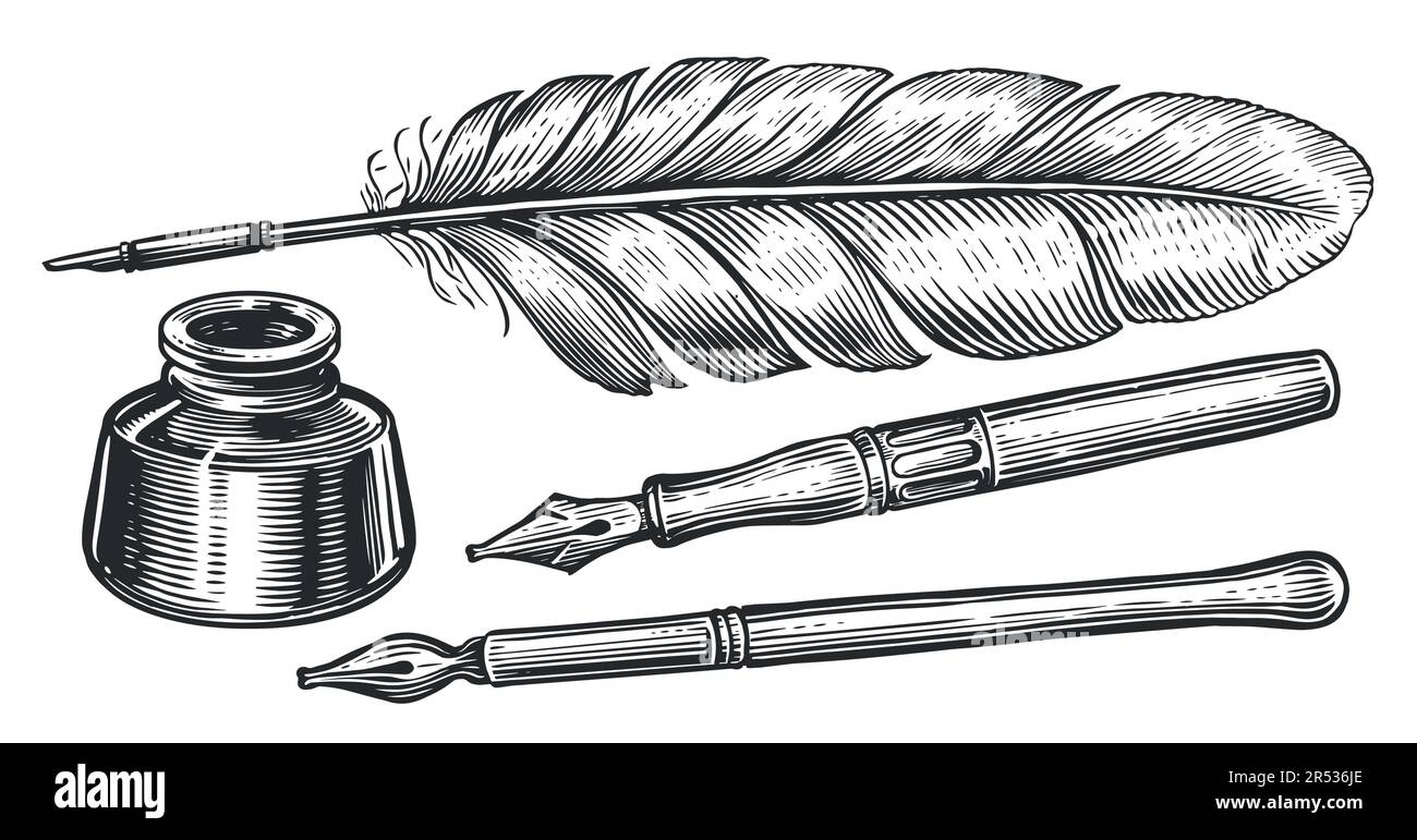Tintenfass- und Federstift. Handgezeichnete Skizzenvektordarstellung im Vintage-Stil Stock Vektor